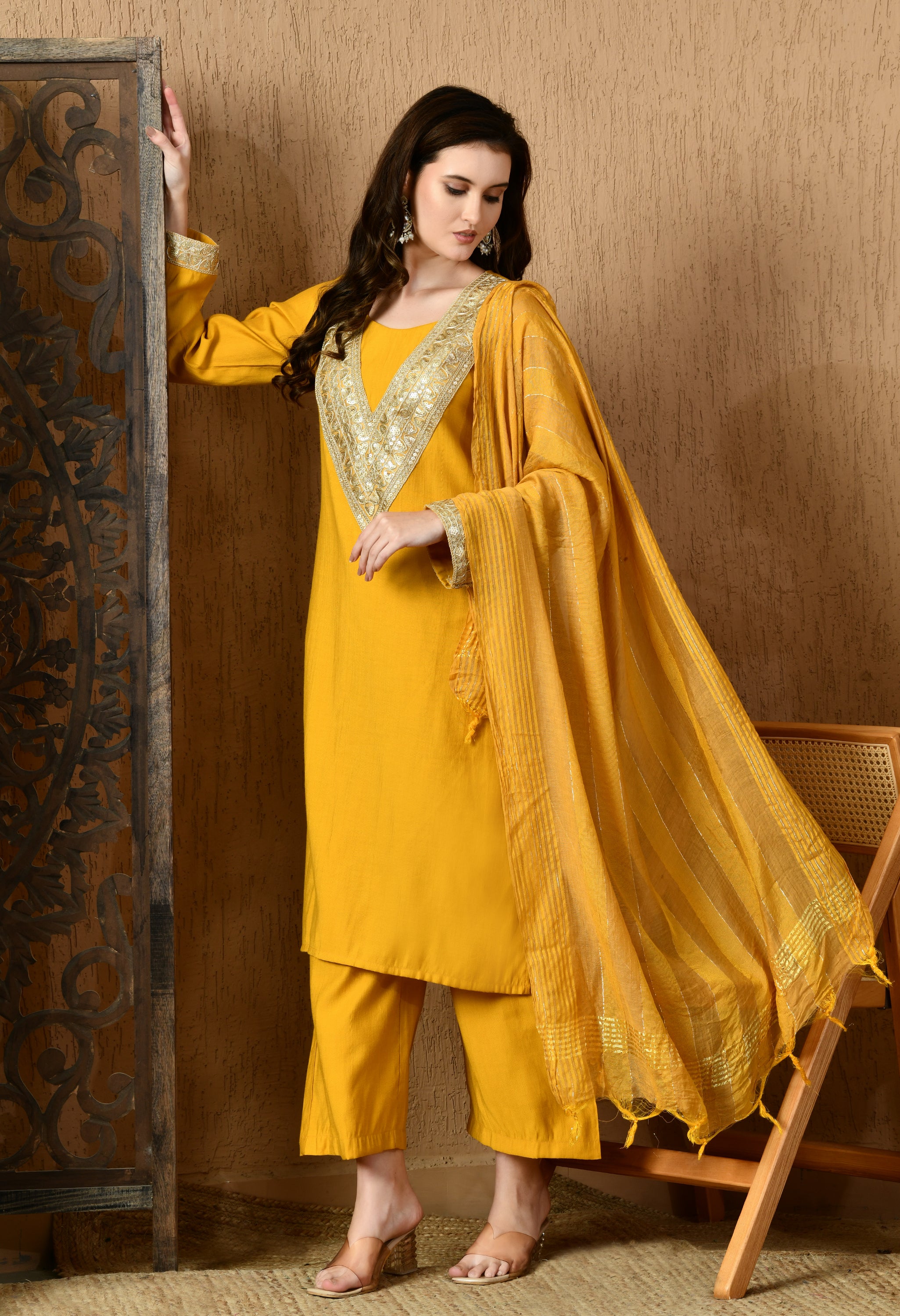 Myshka Musturd Silk Blend Straight Round Neck Long Sleeves Kurta Trousers With Dupatta