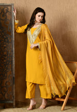 Thumbnail for Myshka Musturd Silk Blend Straight Round Neck Long Sleeves Kurta Trousers With Dupatta