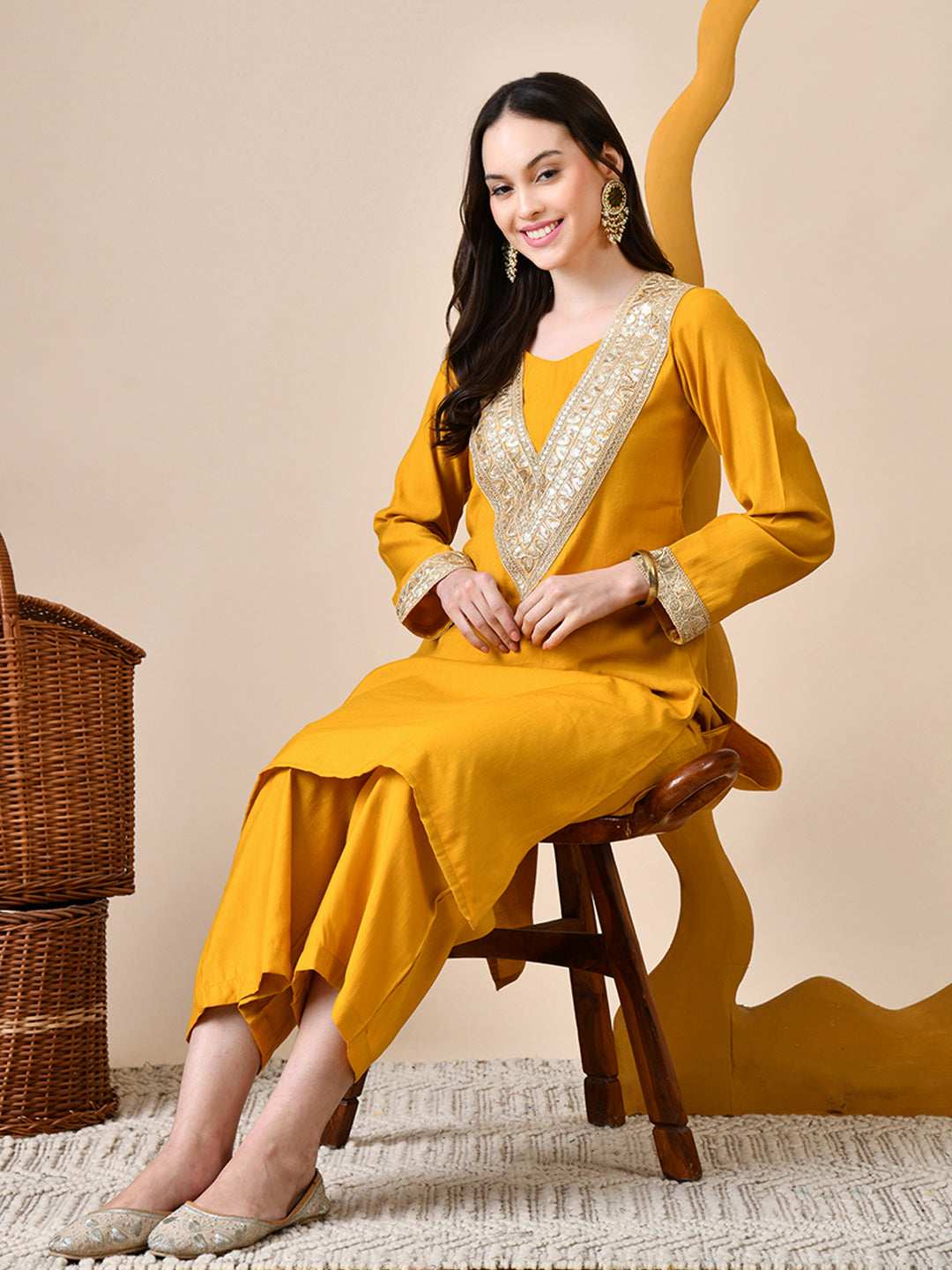 Myshka Musturd Silk Blend Straight Round Neck Long Sleeves Kurta Trousers Set