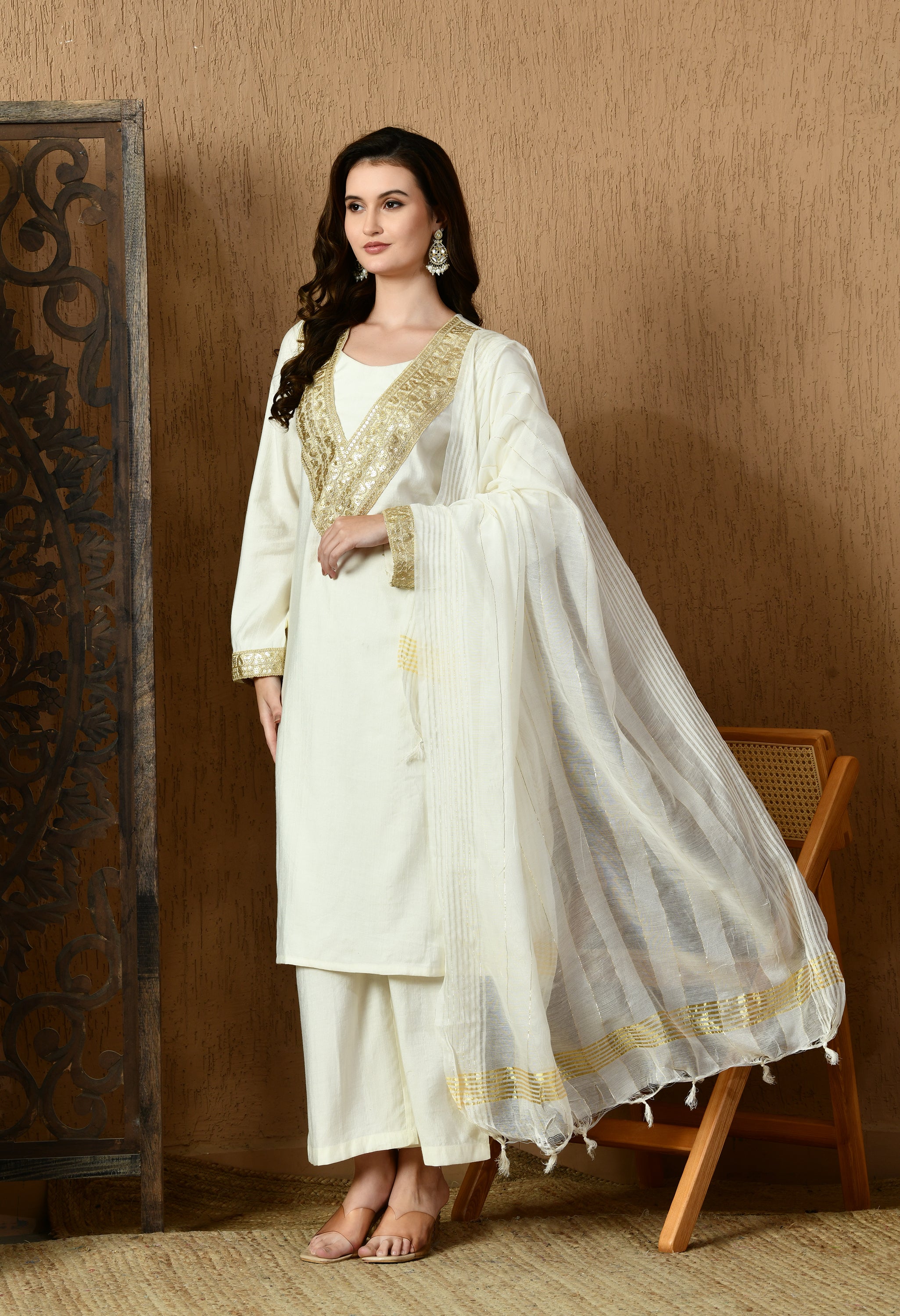 Myshka White Silk Blend Straight Round Neck Long Sleeves Kurta Trousers With Dupatta - Distacart