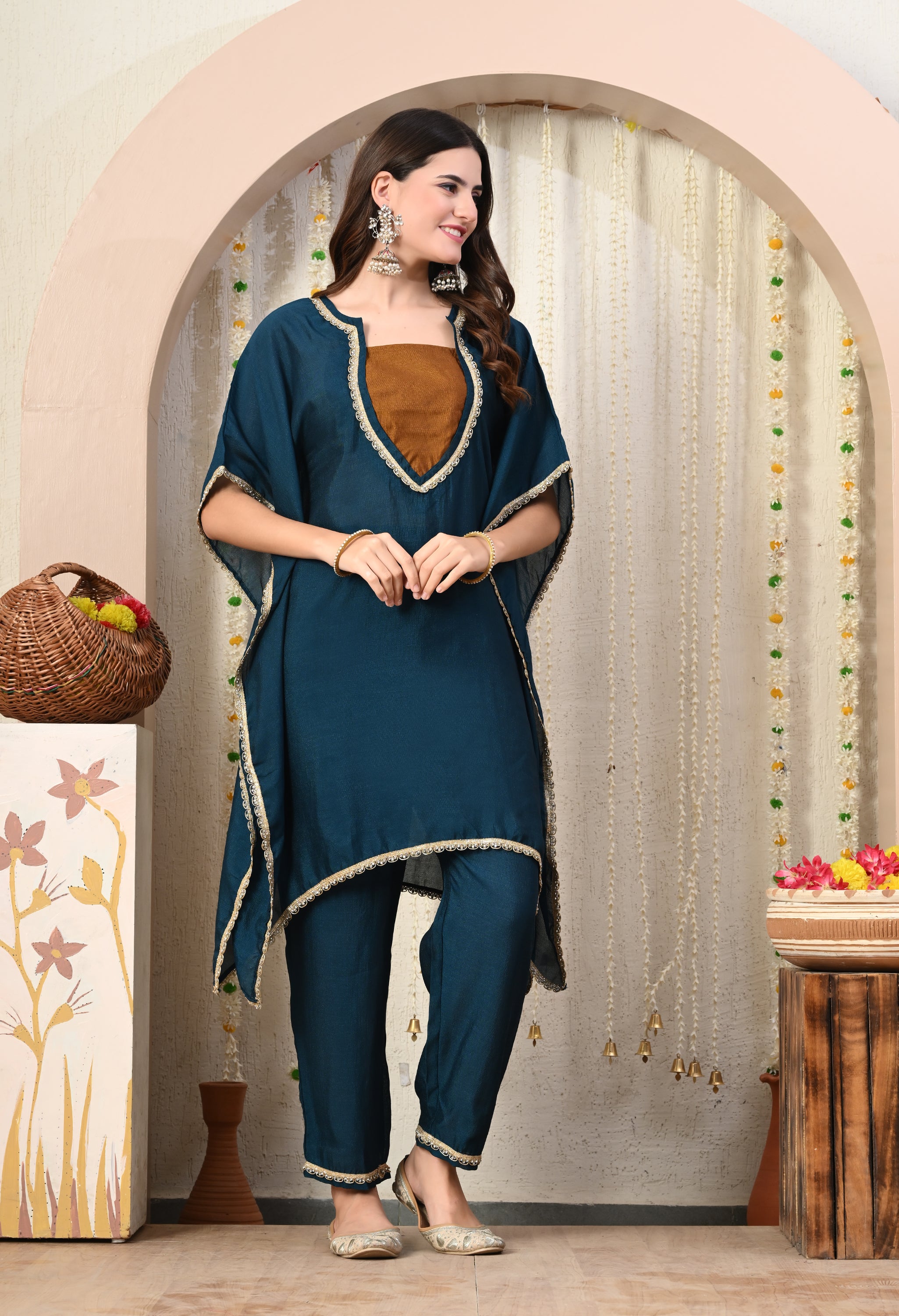 Myshka Blue Silk Blend Kaftan Round Neck Short Sleeves Kurta Trousers Set - Distacart