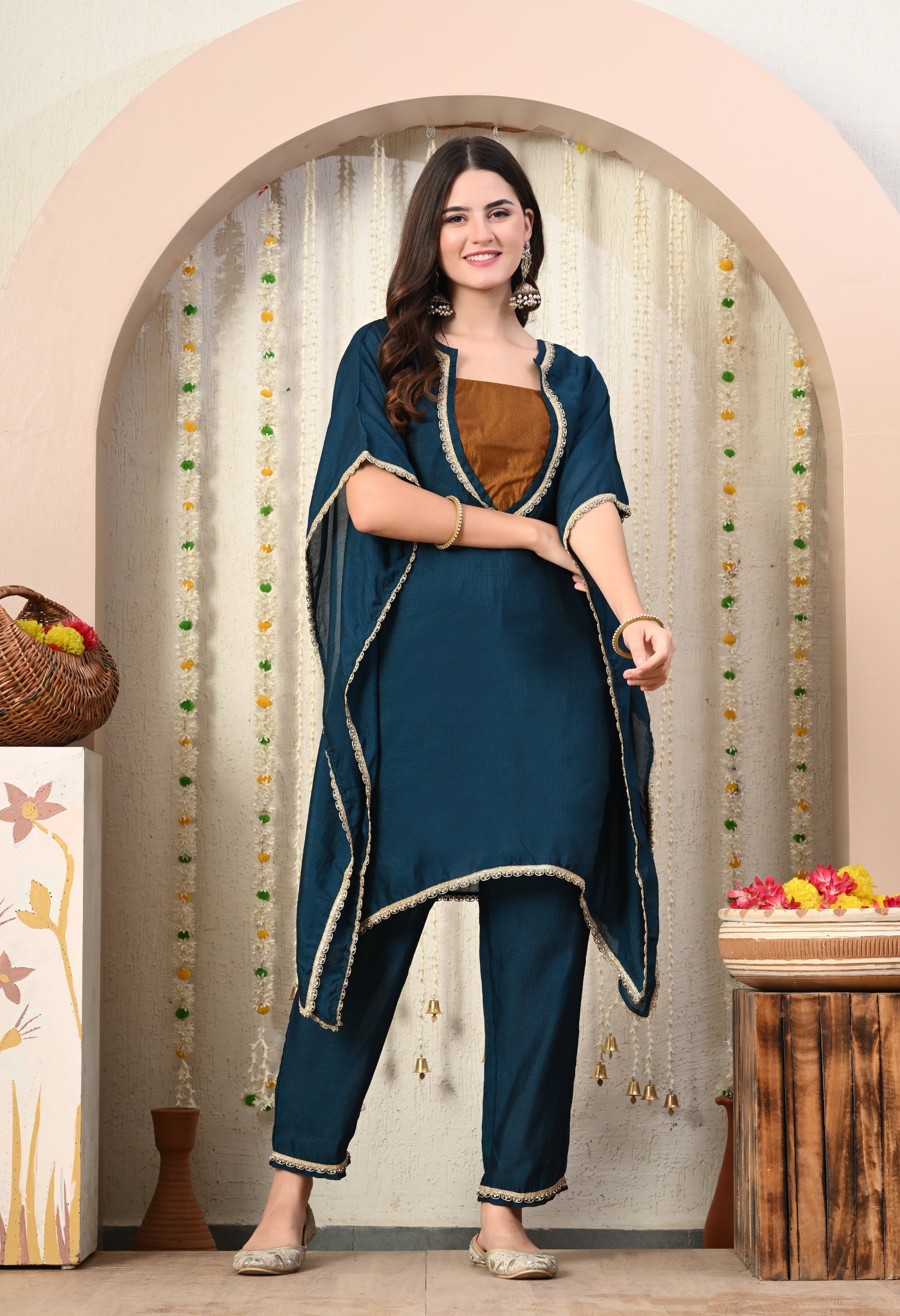 Myshka Blue Silk Blend Kaftan Round Neck Short Sleeves Kurta Trousers Set - Distacart