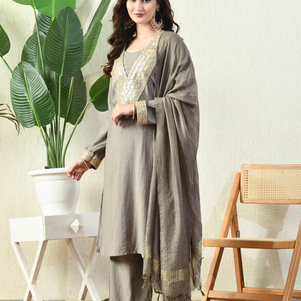 Myshka Gray Silk Blend Straight Round Neck Long Sleeves Kurta Trousers With Dupatta - Distacart