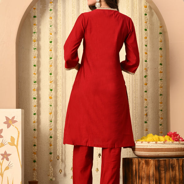 Myshka Red Silk Blend Straight Round Neck Three-Quarter Sleeves Kurta Trousers Set - Distacart