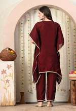 Thumbnail for Myshka Maroon Silk Blend Kaftan Round Neck Short Sleeves Kurta Trousers Set