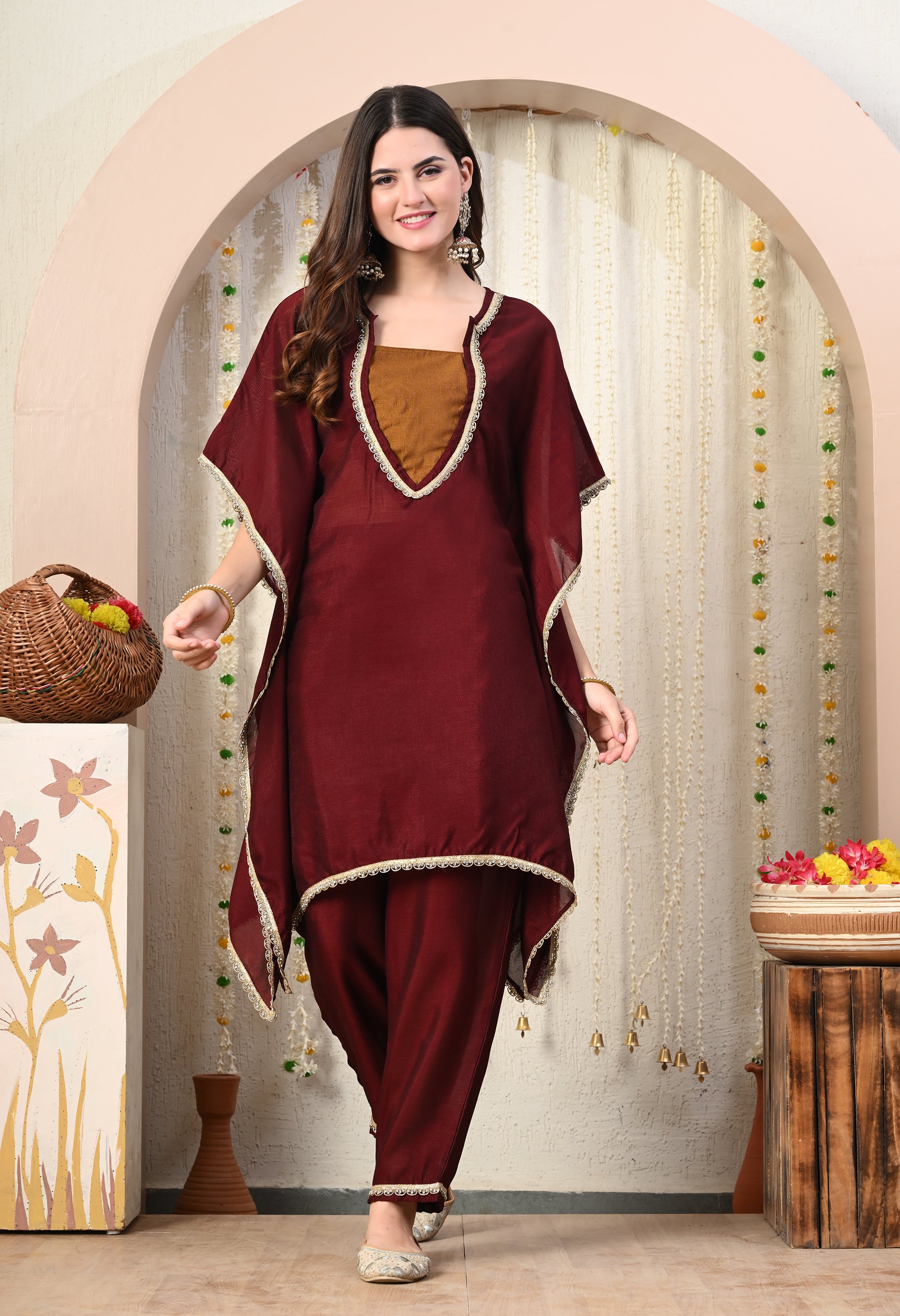 Myshka Maroon Silk Blend Kaftan Round Neck Short Sleeves Kurta Trousers Set - Distacart