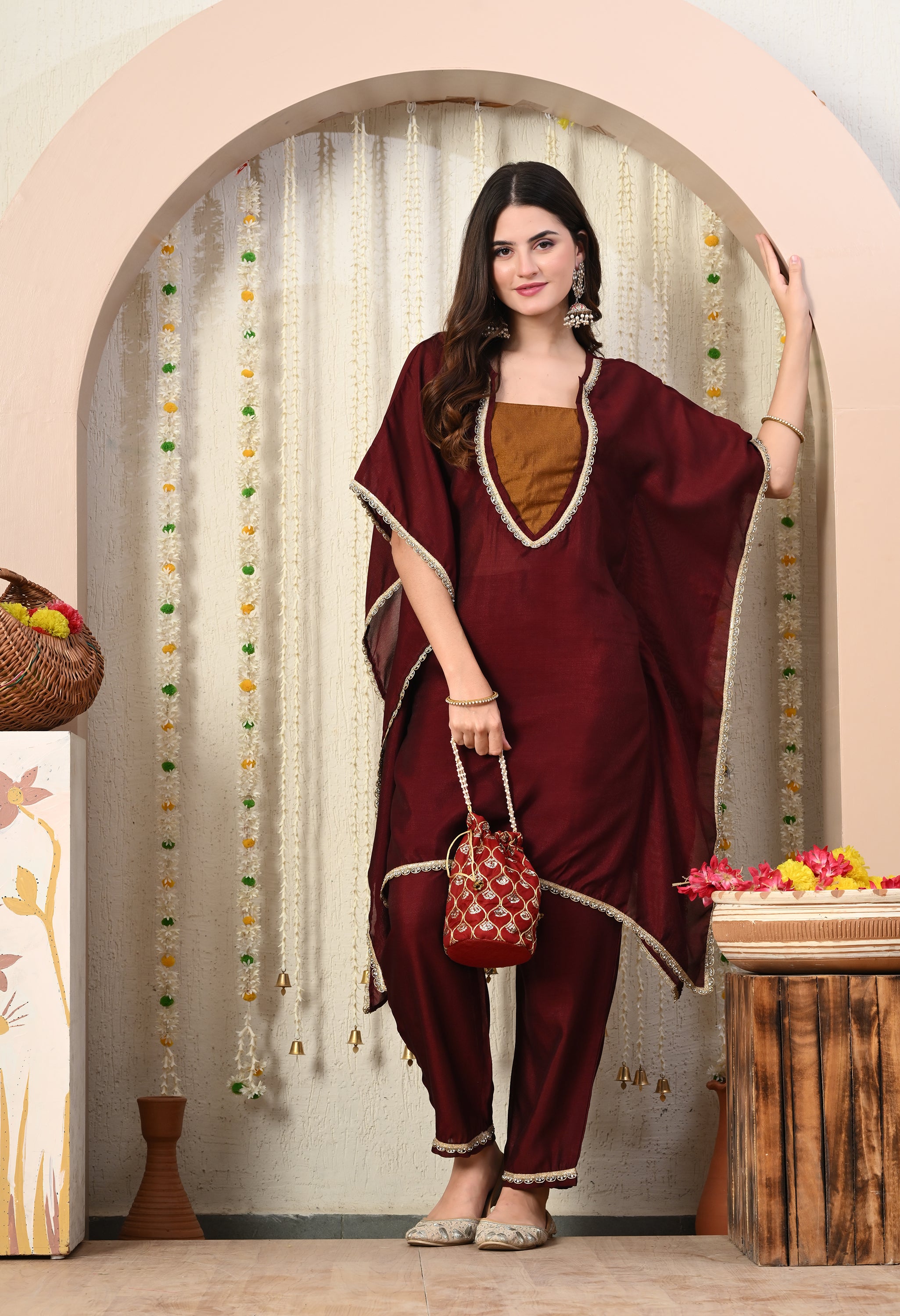 Myshka Maroon Silk Blend Kaftan Round Neck Short Sleeves Kurta Trousers Set - Distacart