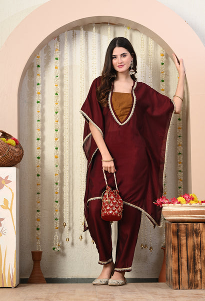 Myshka Maroon Silk Blend Kaftan Round Neck Short Sleeves Kurta Trousers Set