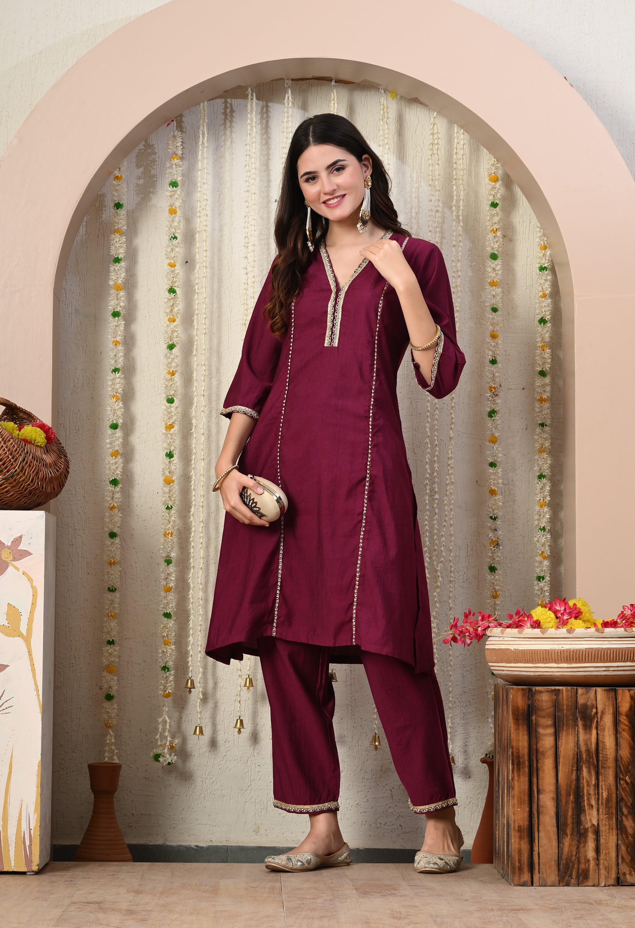 Myshka Wine Silk Blend Straight Round Neck Three-Quarter Sleeves Kurta Trousers Set - Distacart