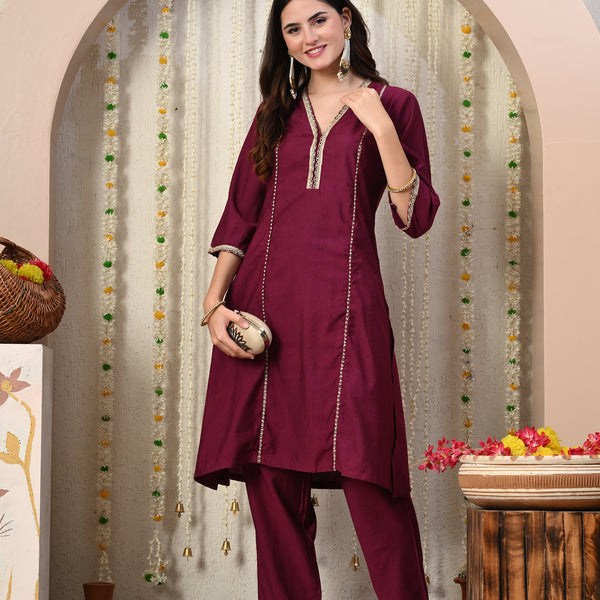 Myshka Wine Silk Blend Straight Round Neck Three-Quarter Sleeves Kurta Trousers Set - Distacart