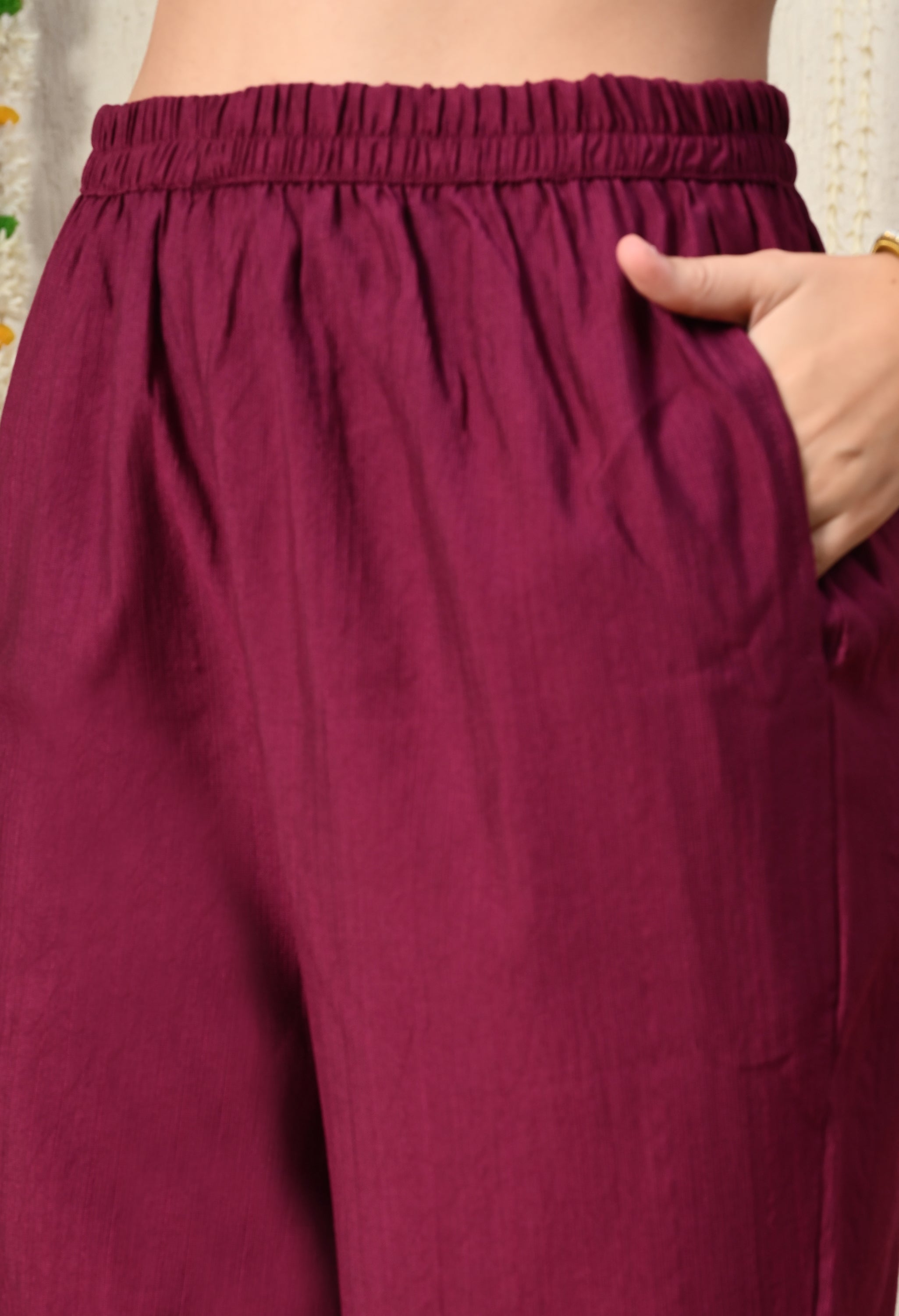 Myshka Wine Silk Blend Straight Round Neck Three-Quarter Sleeves Kurta Trousers Set - Distacart