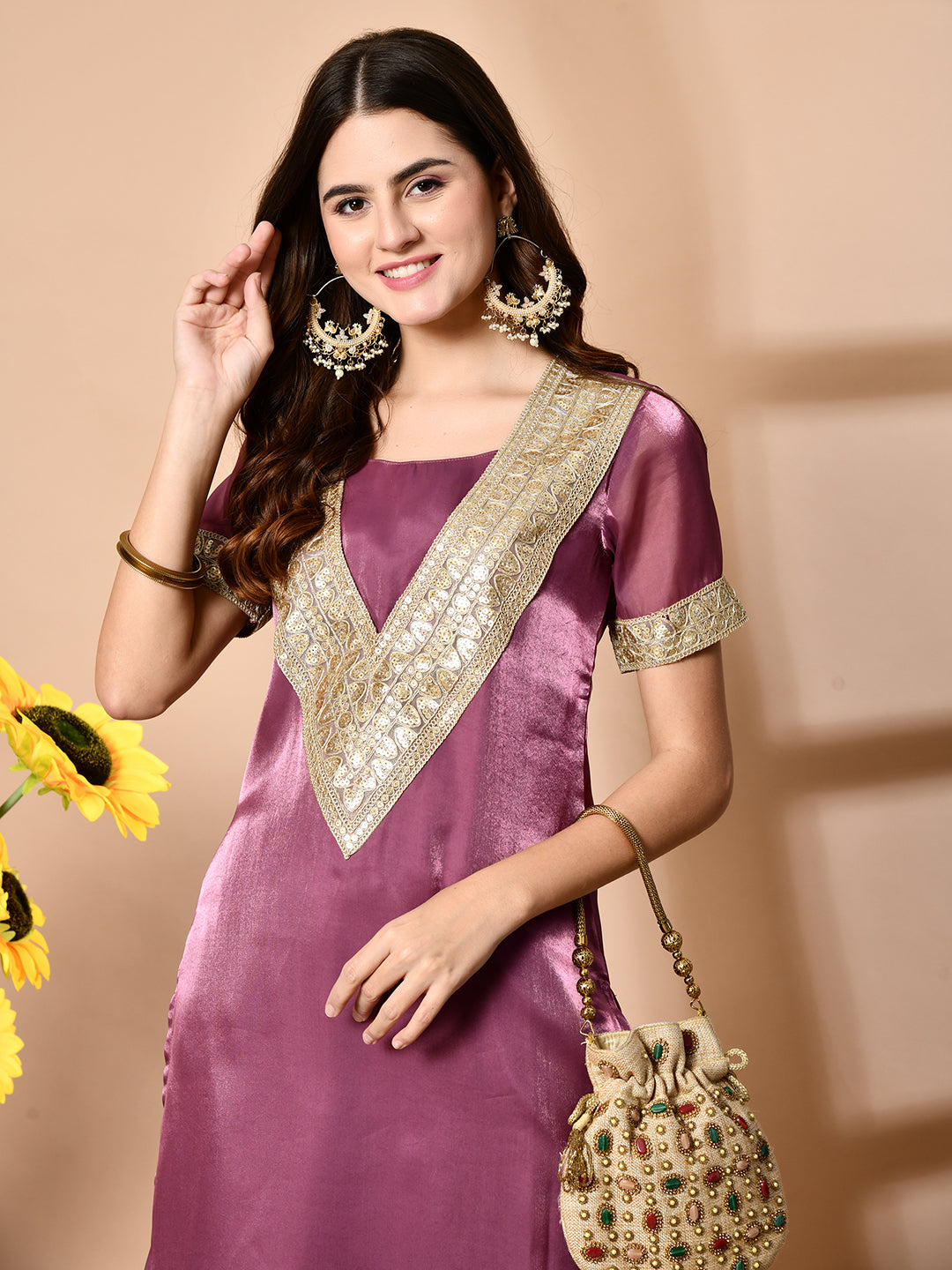 Myshka Mauve Silk Blend Straight Round Neck Short Sleeves Kurta Trousers Set - Distacart
