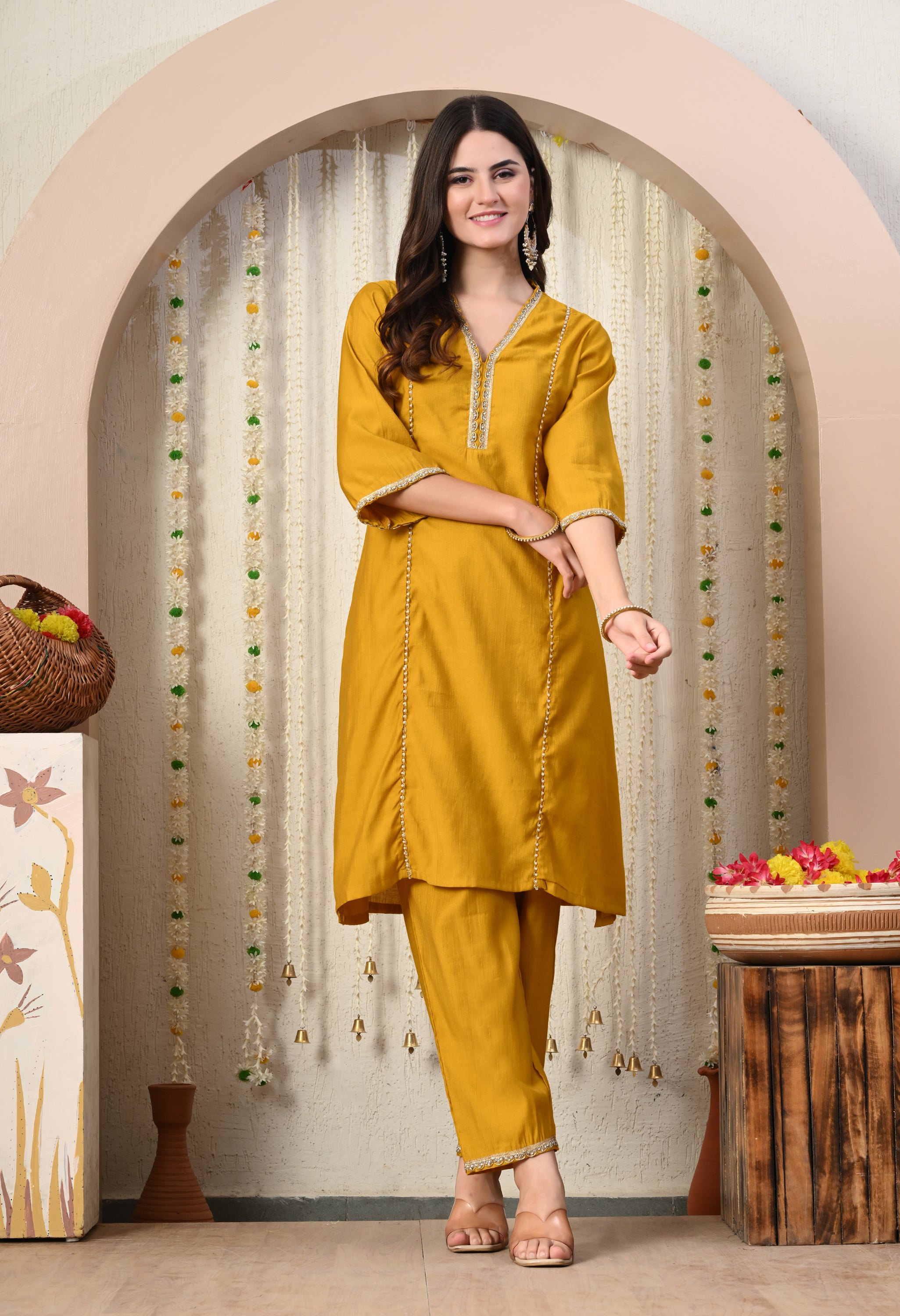 Myshka Musturd Silk Blend Straight Round Neck Three-Quarter Sleeves Kurta Trousers Set - Distacart
