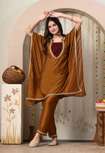 Thumbnail for Myshka Brown Silk Blend Kaftan Round Neck Short Sleeves Kurta Trousers Set