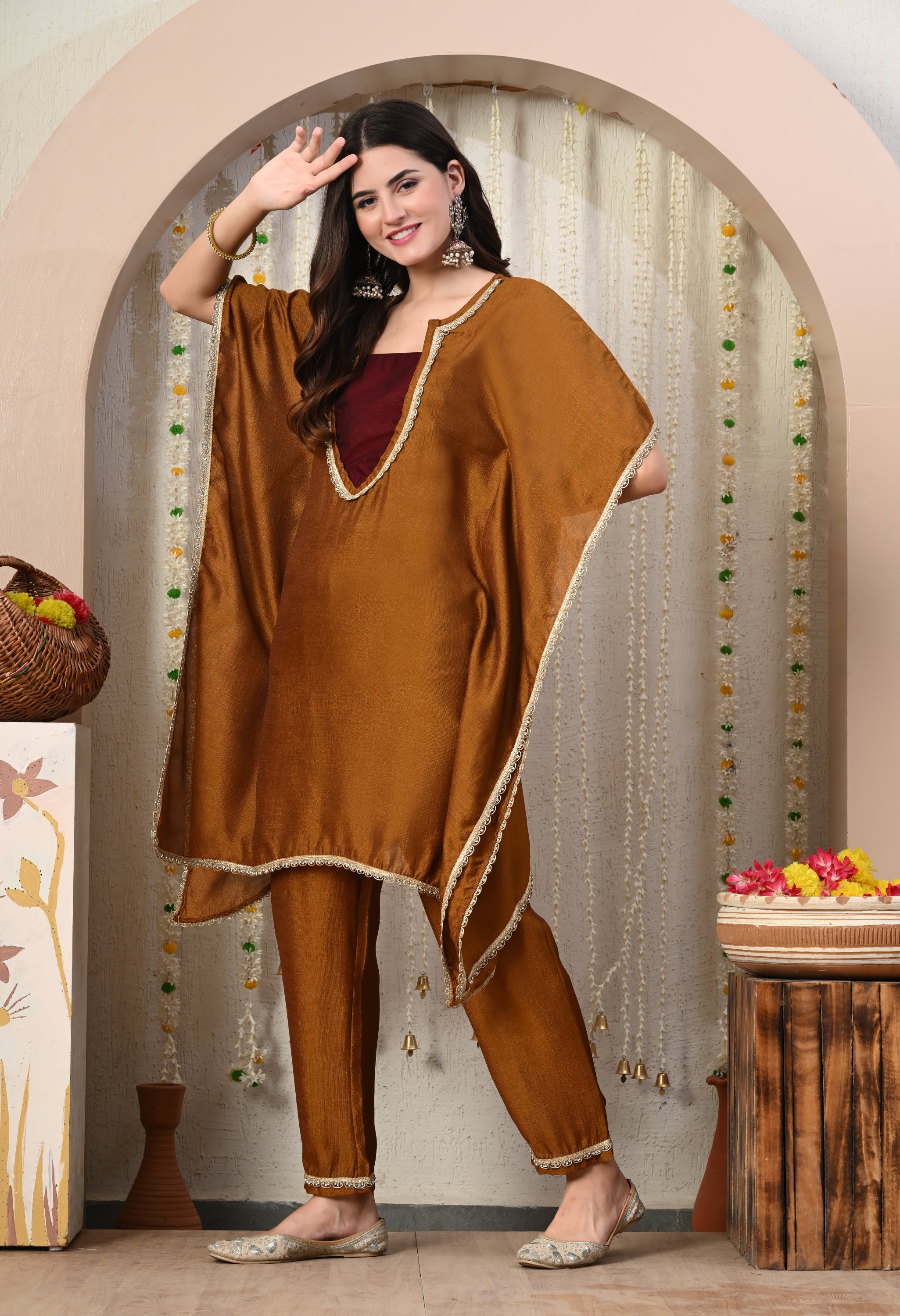 Myshka Brown Silk Blend Kaftan Round Neck Short Sleeves Kurta Trousers Set - Distacart