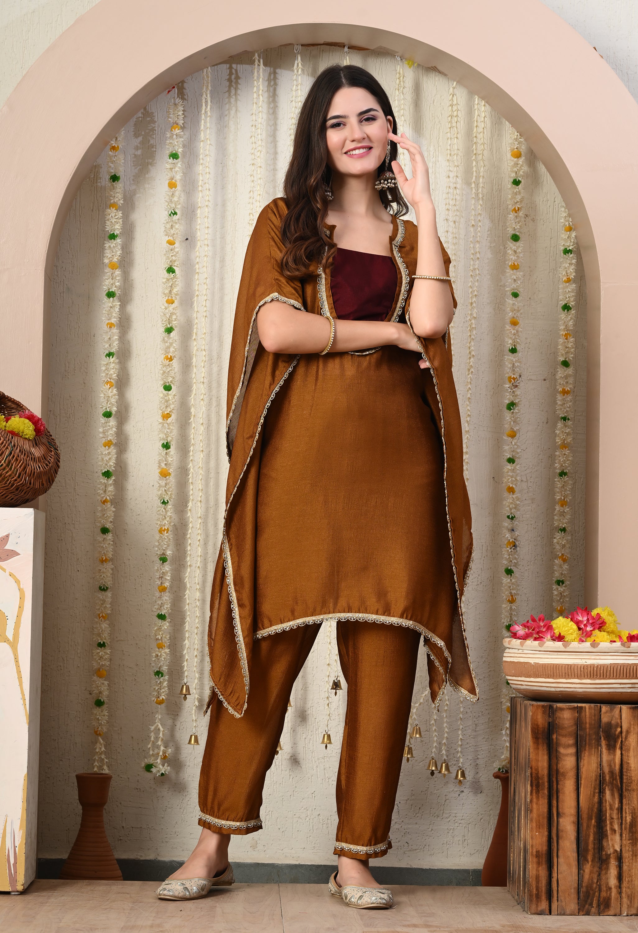 Myshka Brown Silk Blend Kaftan Round Neck Short Sleeves Kurta Trousers Set - Distacart
