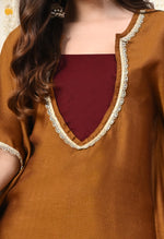 Thumbnail for Myshka Brown Silk Blend Kaftan Round Neck Short Sleeves Kurta Trousers Set