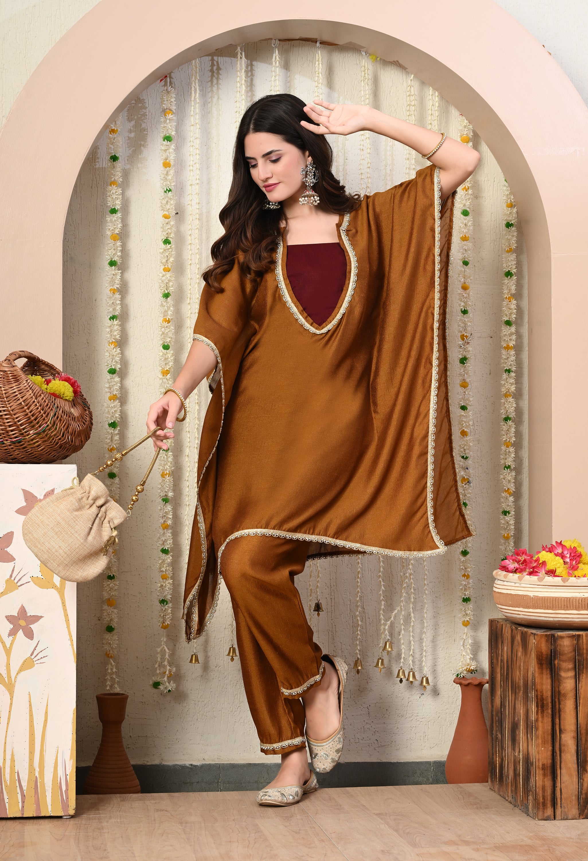Myshka Brown Silk Blend Kaftan Round Neck Short Sleeves Kurta Trousers Set