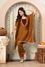 Thumbnail for Myshka Brown Silk Blend Kaftan Round Neck Short Sleeves Kurta Trousers Set