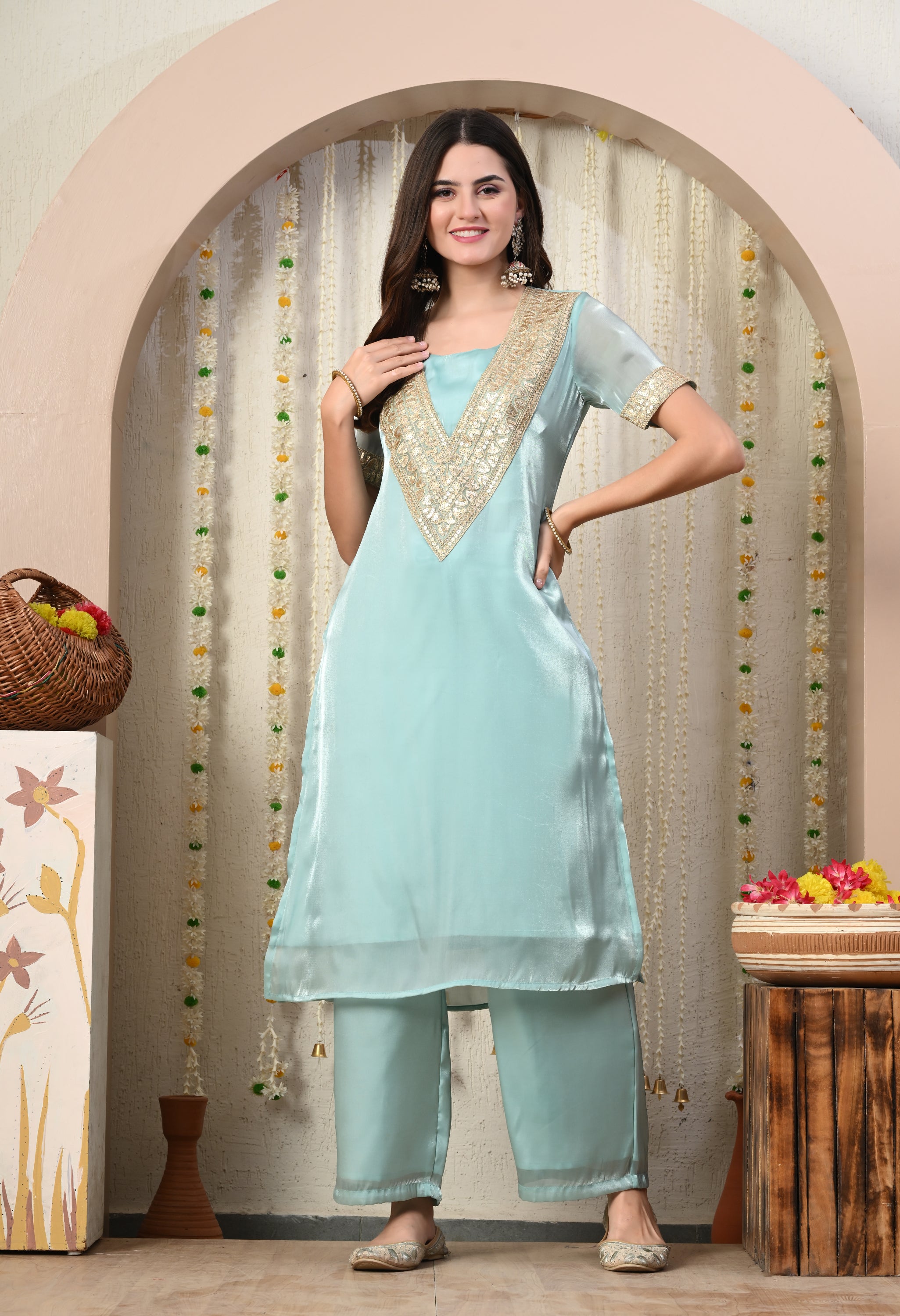 Myshka Blue Silk Blend Straight Round Neck Short Sleeves Kurta Trousers Set - Distacart