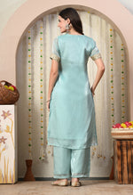 Thumbnail for Myshka Blue Silk Blend Straight Round Neck Short Sleeves Kurta Trousers Set - Distacart