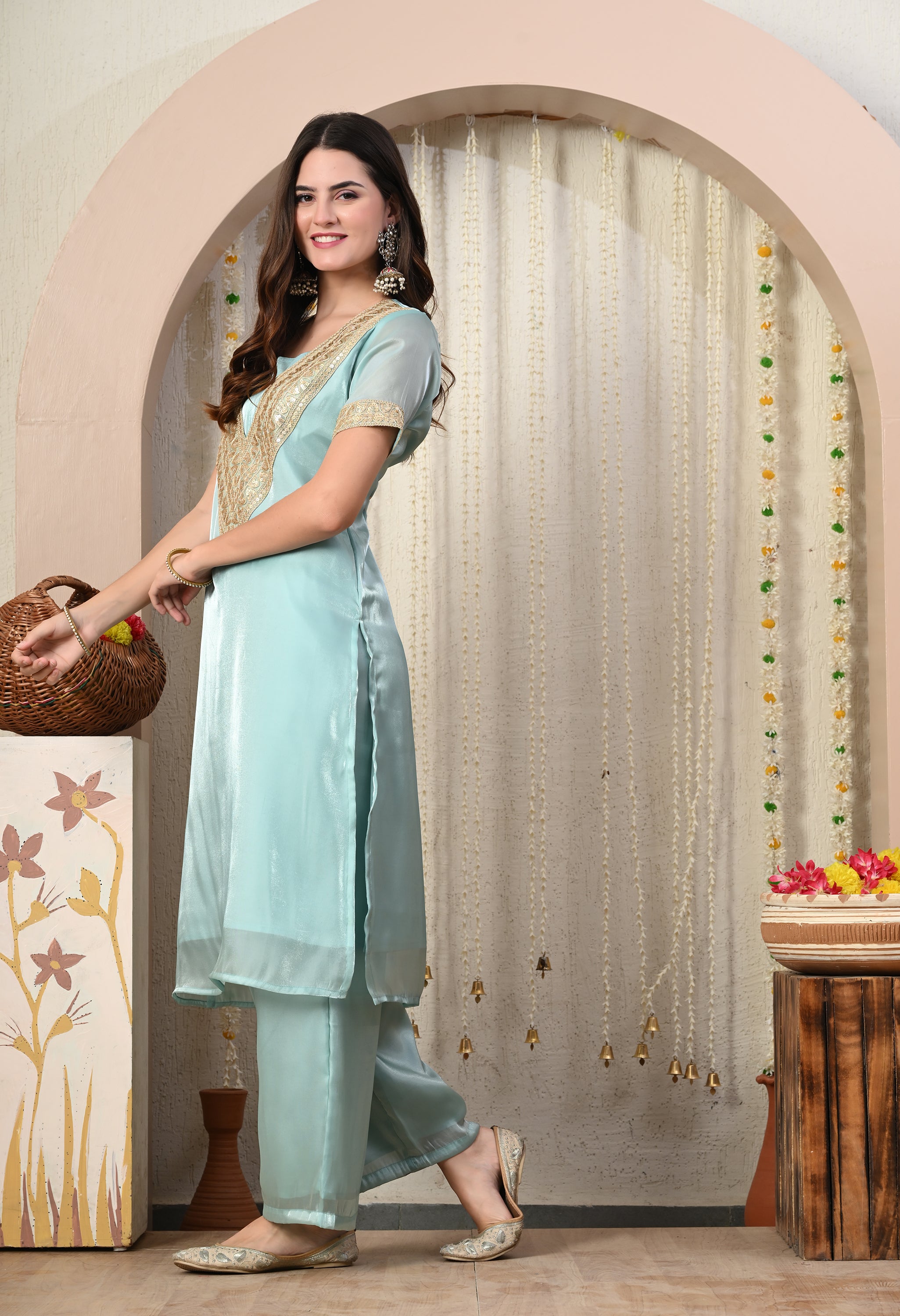 Myshka Blue Silk Blend Straight Round Neck Short Sleeves Kurta Trousers Set - Distacart