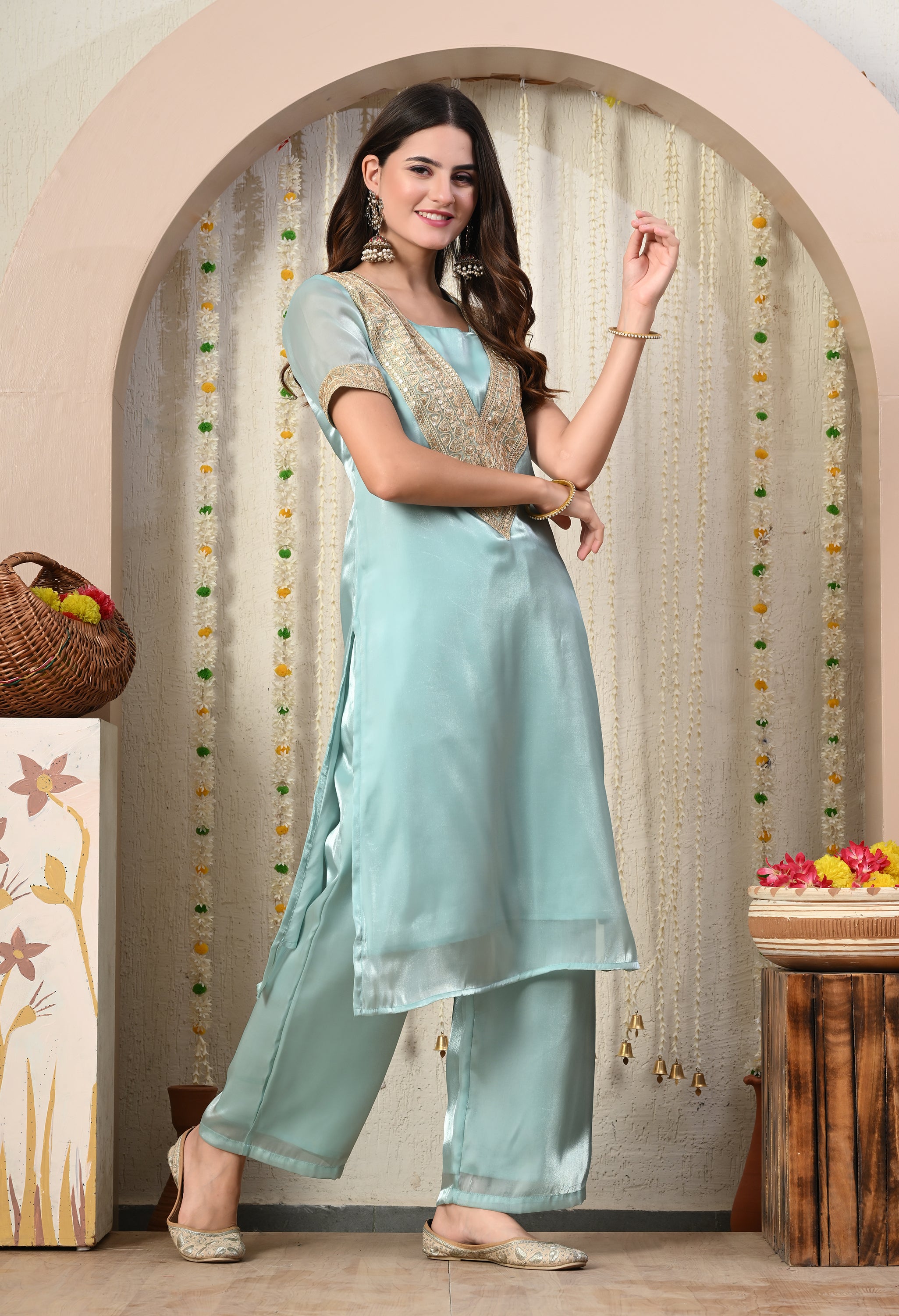 Myshka Blue Silk Blend Straight Round Neck Short Sleeves Kurta Trousers Set - Distacart