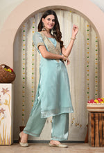 Thumbnail for Myshka Blue Silk Blend Straight Round Neck Short Sleeves Kurta Trousers Set - Distacart