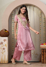Thumbnail for Myshka Pink Silk Blend Straight Round Neck Short Sleeves Kurta Trousers Set