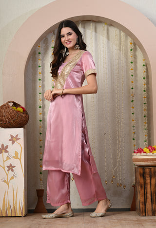 Myshka Pink Silk Blend Straight Round Neck Short Sleeves Kurta Trousers Set - Distacart