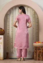 Thumbnail for Myshka Pink Silk Blend Straight Round Neck Short Sleeves Kurta Trousers Set