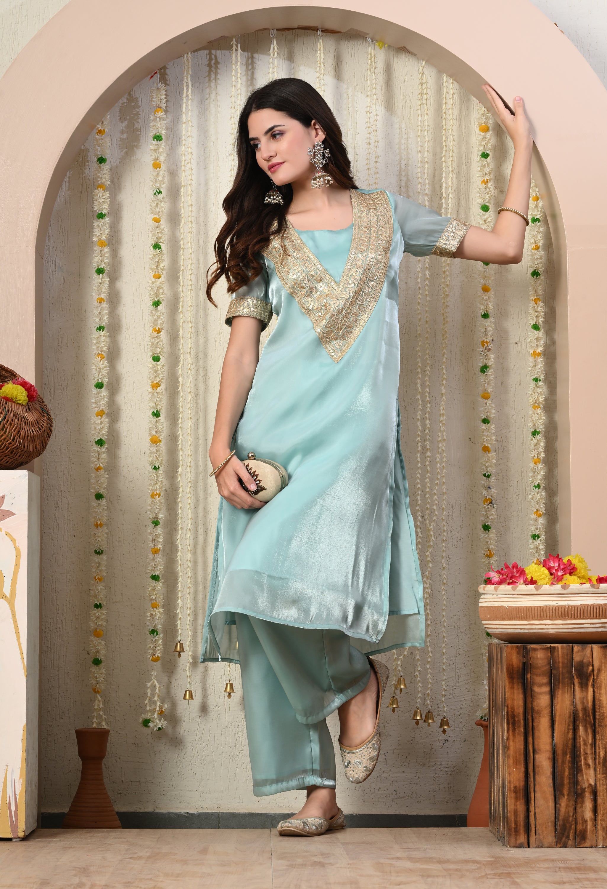 Myshka Blue Silk Blend Straight Round Neck Short Sleeves Kurta Trousers Set - Distacart