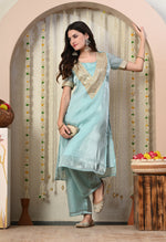 Thumbnail for Myshka Blue Silk Blend Straight Round Neck Short Sleeves Kurta Trousers Set - Distacart