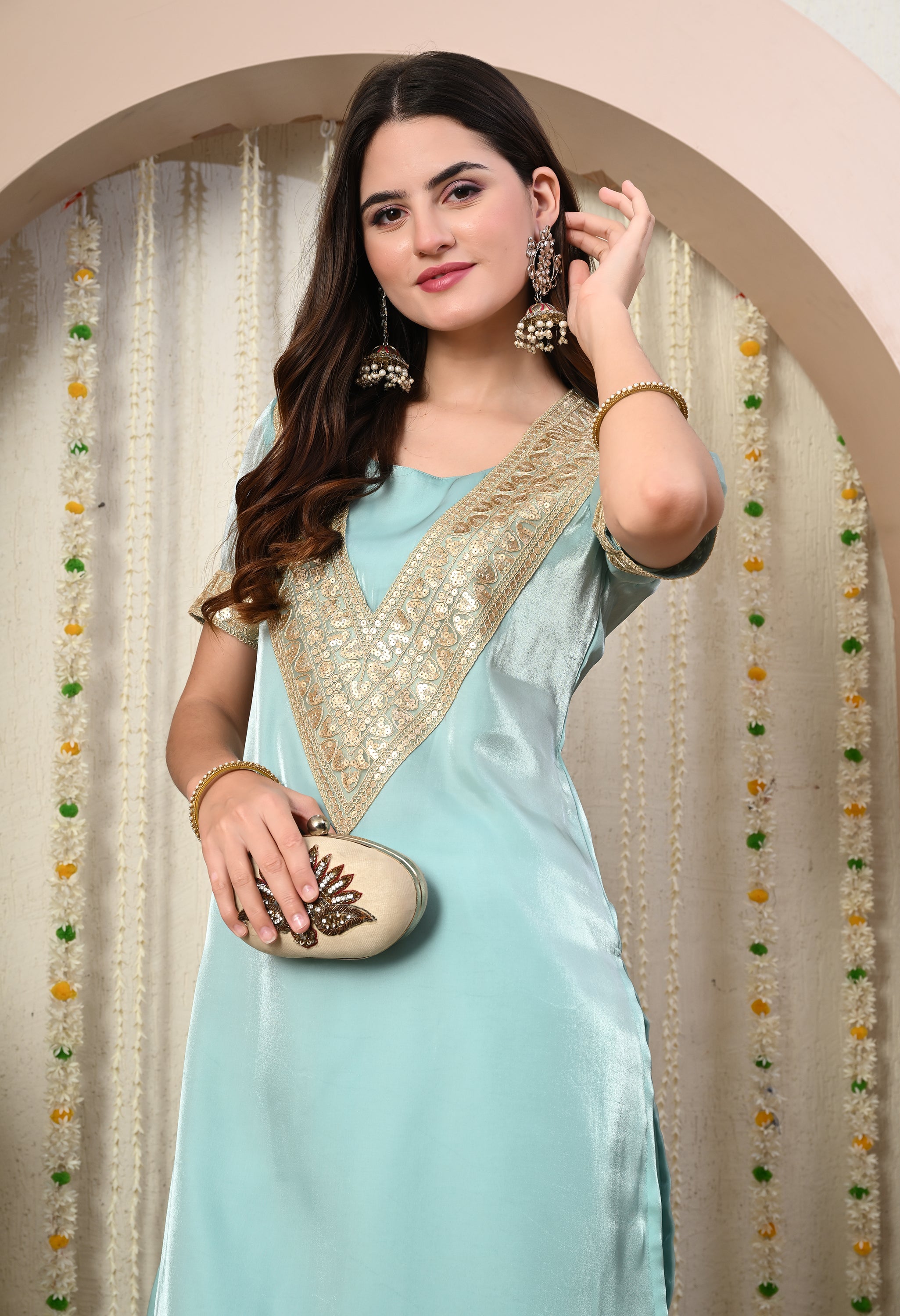 Myshka Blue Silk Blend Straight Round Neck Short Sleeves Kurta Trousers Set - Distacart