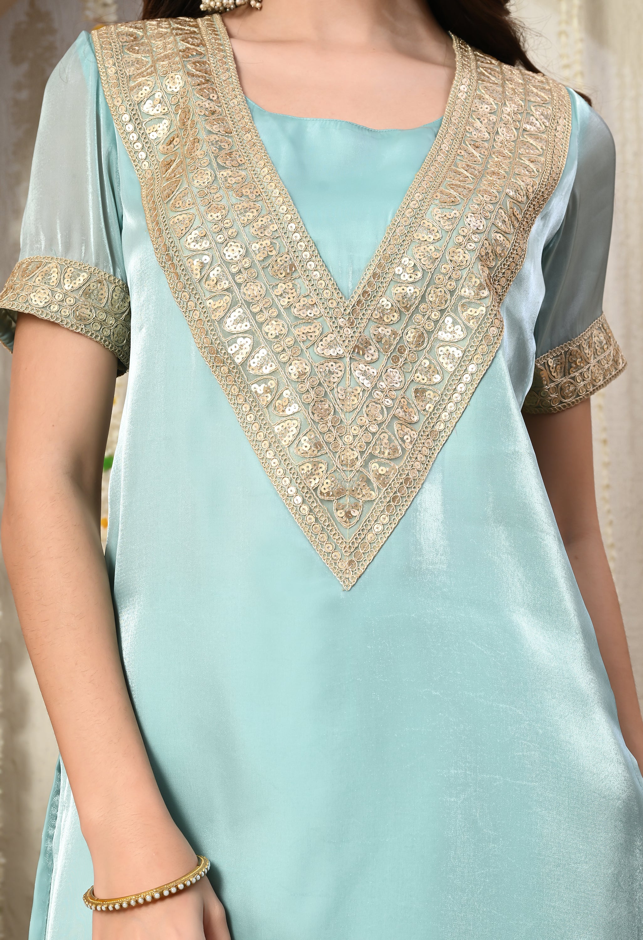 Myshka Blue Silk Blend Straight Round Neck Short Sleeves Kurta Trousers Set - Distacart