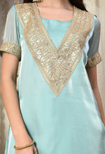 Thumbnail for Myshka Blue Silk Blend Straight Round Neck Short Sleeves Kurta Trousers Set - Distacart