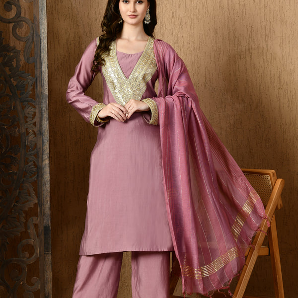 Myshka Lavender Silk Blend Straight Round Neck Long Sleeves Kurta Trousers With Dupatta - Distacart