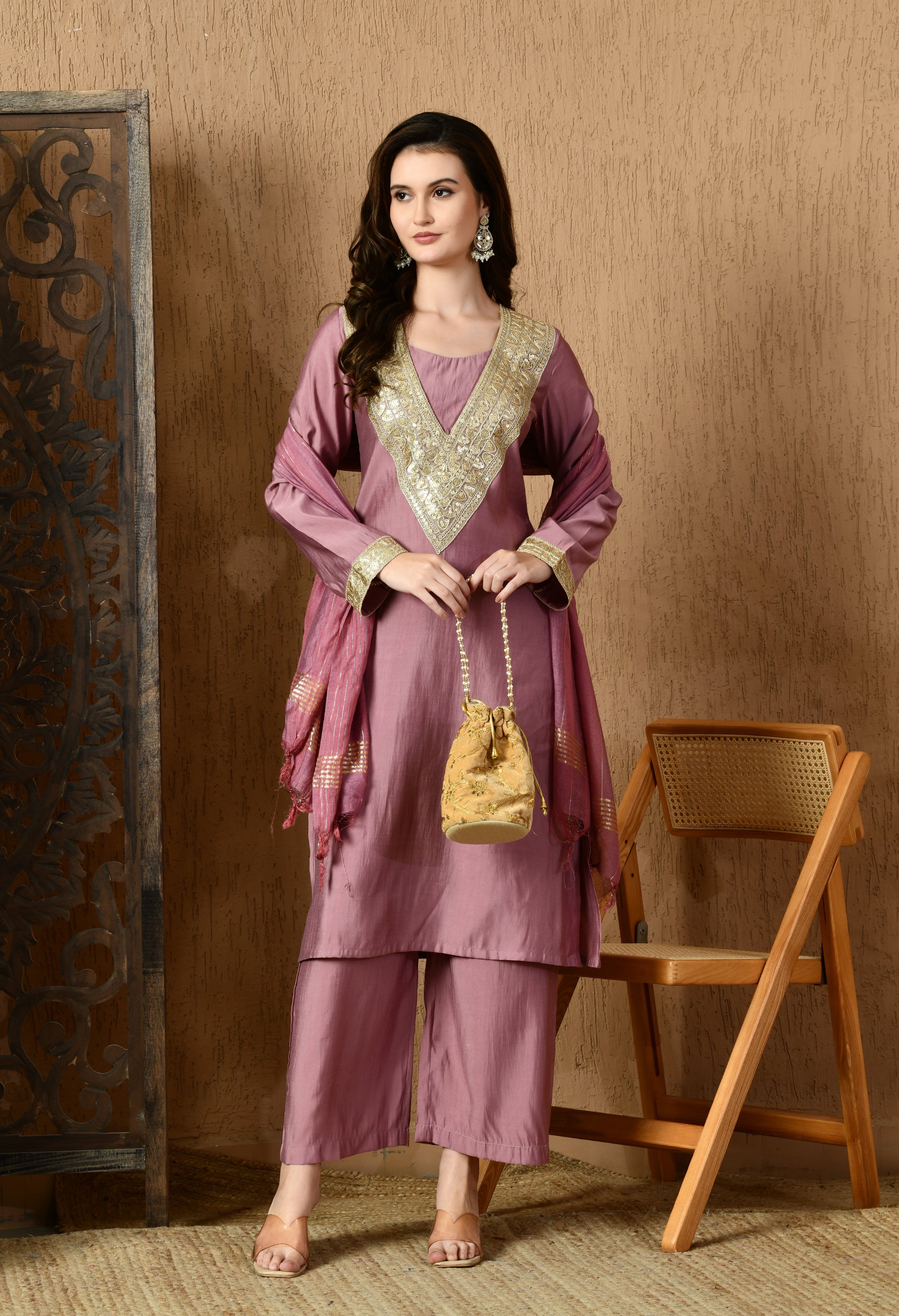Myshka Lavender Silk Blend Straight Round Neck Long Sleeves Kurta Trousers With Dupatta