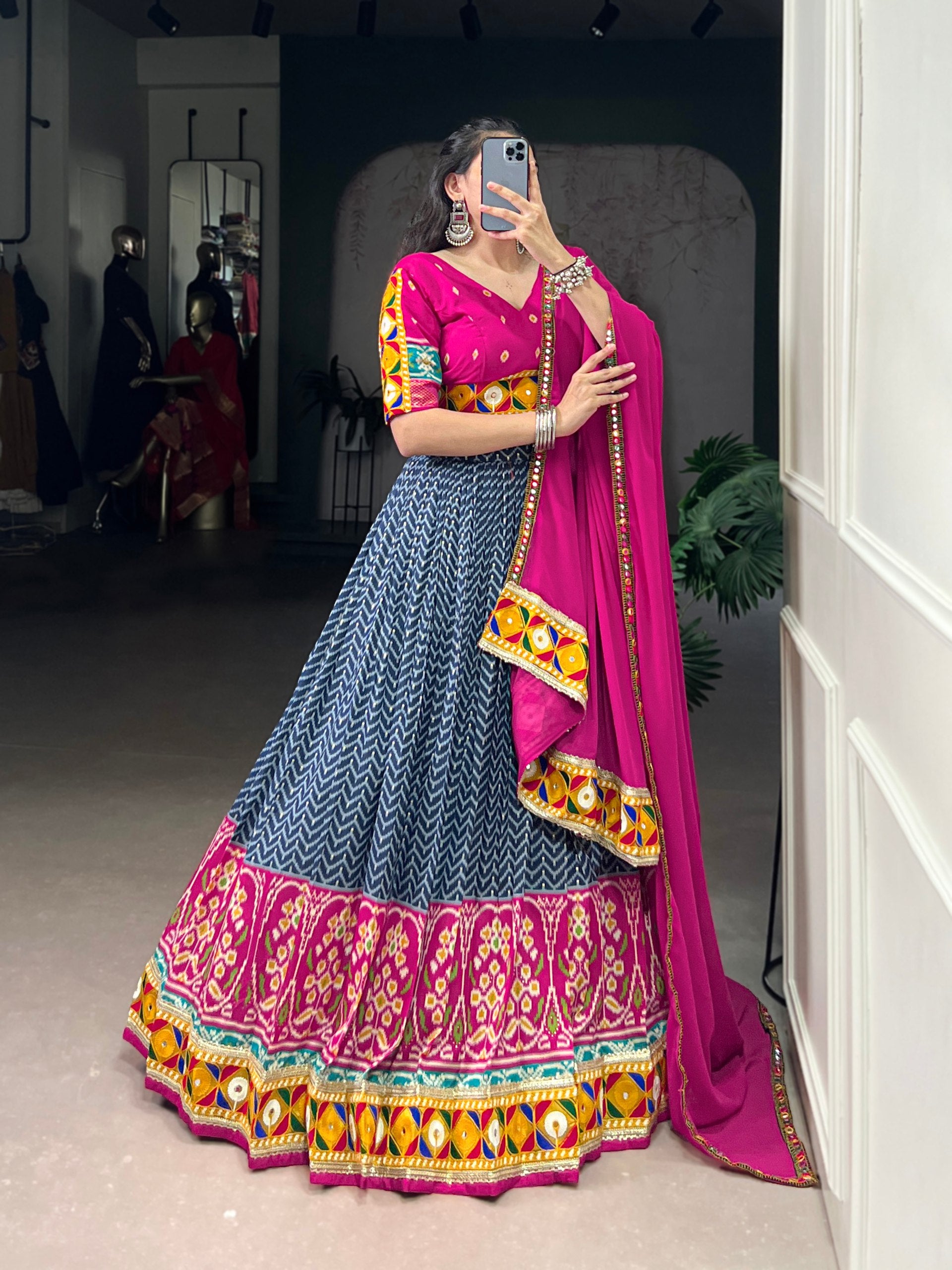 Lorenvalley Fashion Blue Tasar Silk Print with Foil Work and Real Mirror Gamthi Work with Lace Touch Up Lehenga Choli with Dupatta - Distacart