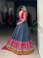 Thumbnail for Lorenvalley Fashion Blue Tasar Silk Print with Foil Work and Real Mirror Gamthi Work with Lace Touch Up Lehenga Choli with Dupatta