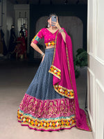 Thumbnail for Lorenvalley Fashion Blue Tasar Silk Print with Foil Work and Real Mirror Gamthi Work with Lace Touch Up Lehenga Choli with Dupatta