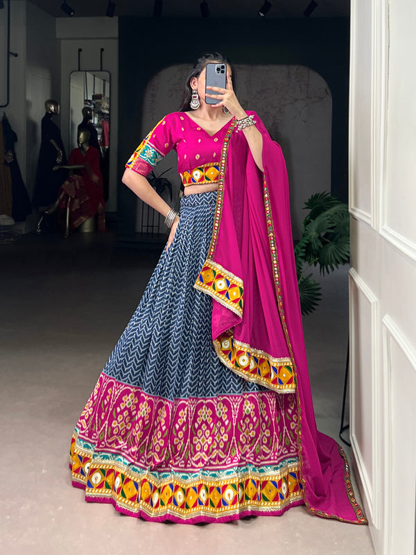 Lorenvalley Fashion Blue Tasar Silk Print with Foil Work and Real Mirror Gamthi Work with Lace Touch Up Lehenga Choli with Dupatta