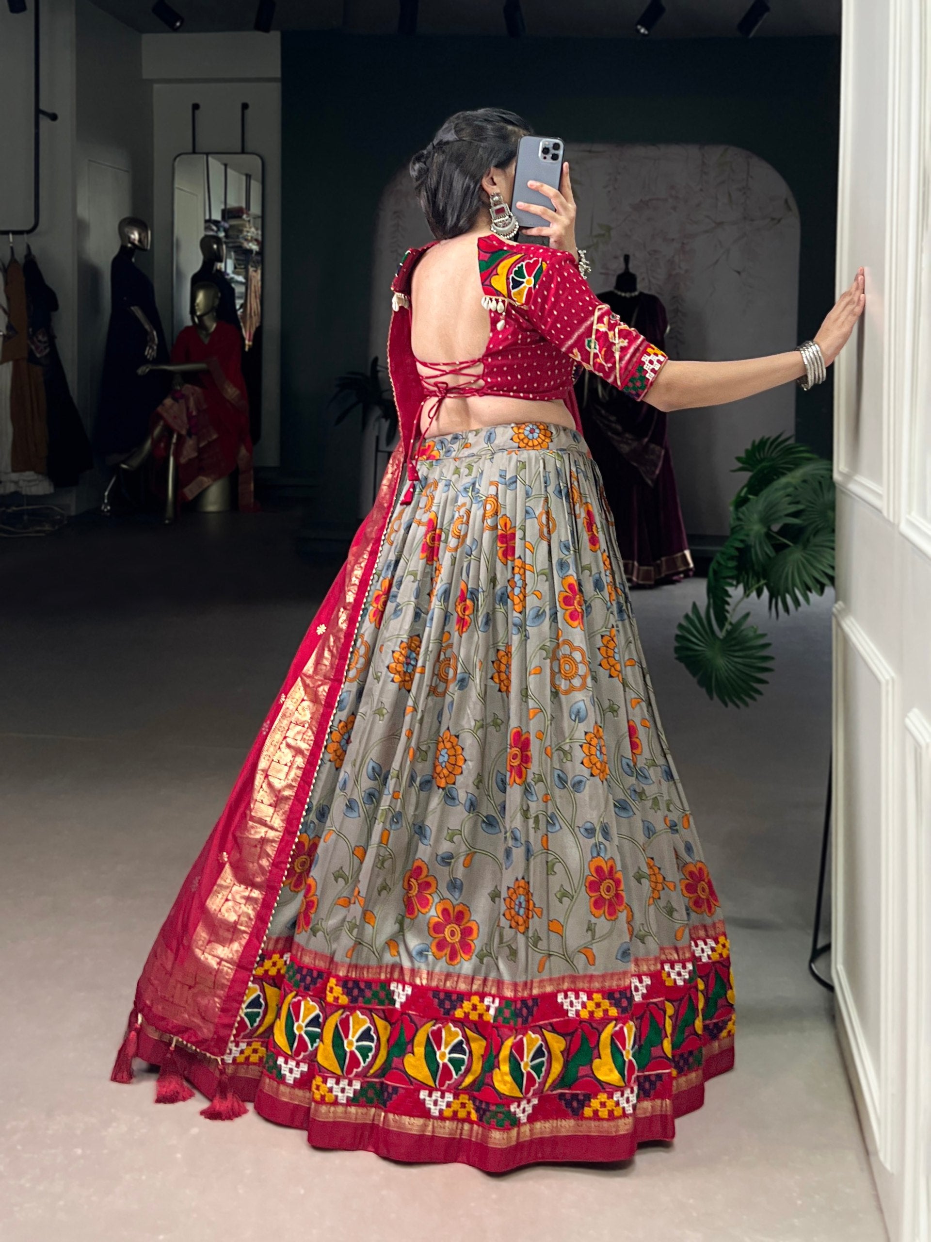 Lorenvalley Fashion Grey Tasar Silk Print with Foil Work and Real Mirror Gamthi Work with Lace Touch Up Lehenga Choli with Dupatta - Distacart