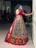 Thumbnail for Lorenvalley Fashion Grey Tasar Silk Print with Foil Work and Real Mirror Gamthi Work with Lace Touch Up Lehenga Choli with Dupatta