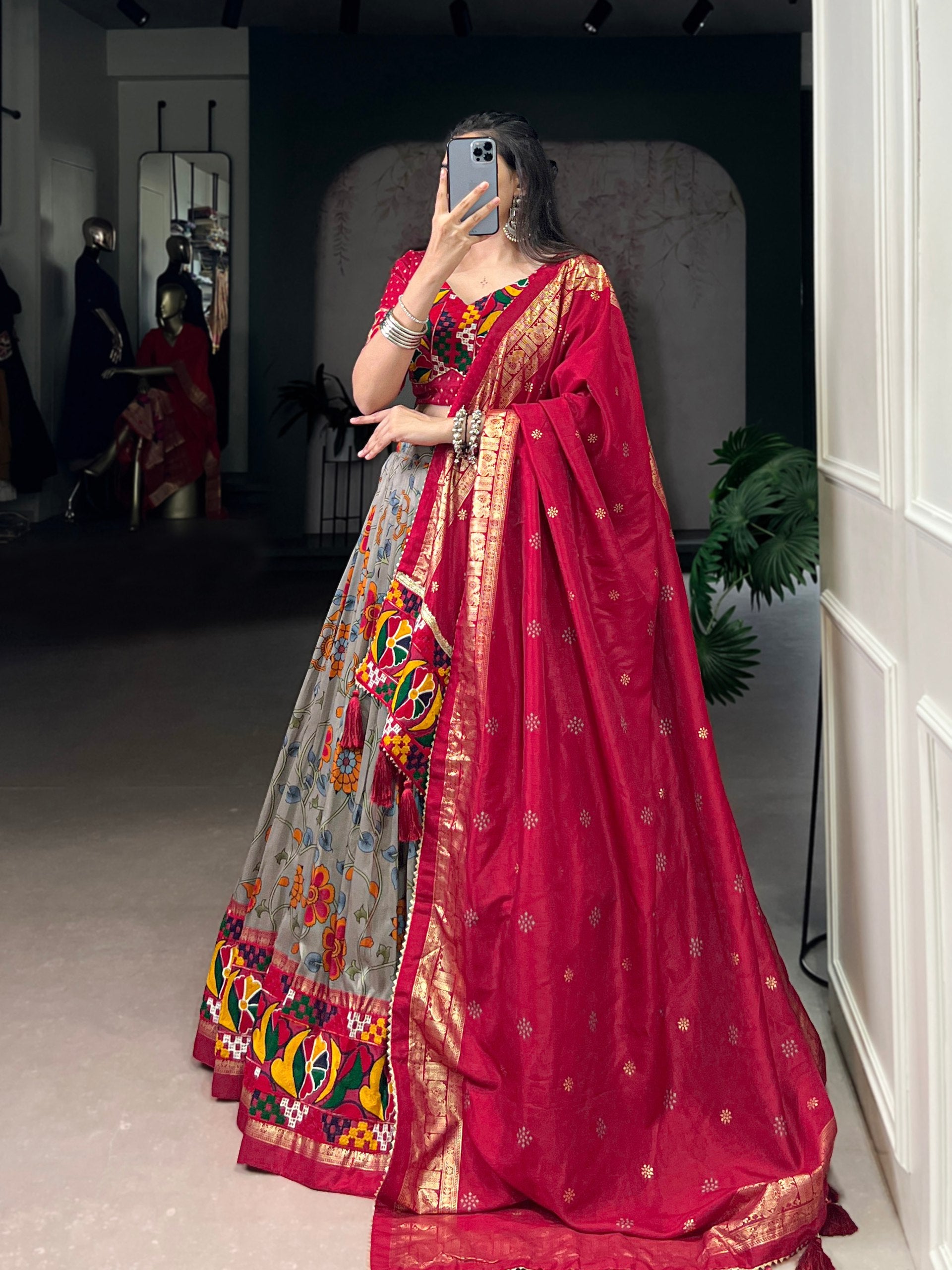 Lorenvalley Fashion Grey Tasar Silk Print with Foil Work and Real Mirror Gamthi Work with Lace Touch Up Lehenga Choli with Dupatta
