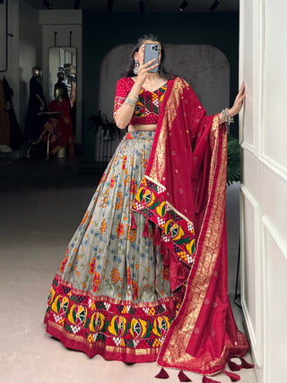 Lorenvalley Fashion Grey Tasar Silk Print with Foil Work and Real Mirror Gamthi Work with Lace Touch Up Lehenga Choli with Dupatta