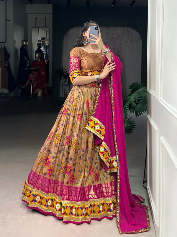 Lorenvalley Fashion Mustard Tasar Silk Print with Foil Work and Real Mirror Gamthi Work with Lace Touch Up Lehenga Choli with Dupatta