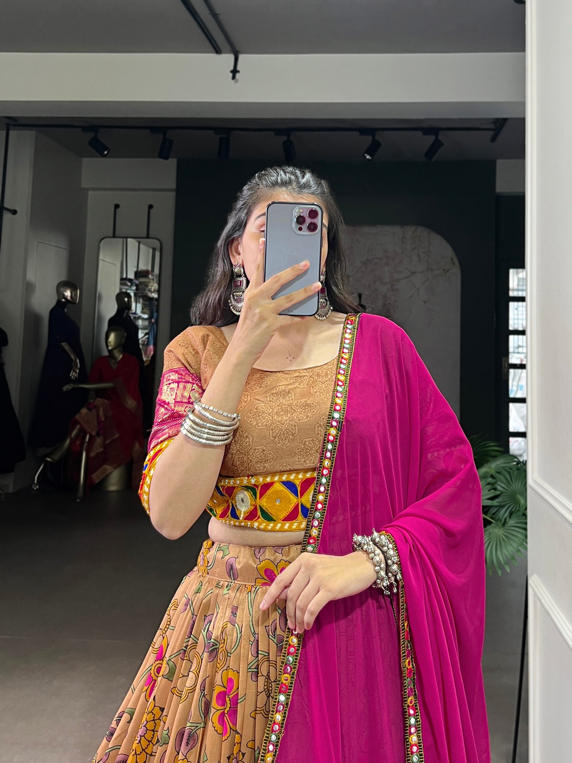 Lorenvalley Fashion Mustard Tasar Silk Print with Foil Work and Real Mirror Gamthi Work with Lace Touch Up Lehenga Choli with Dupatta