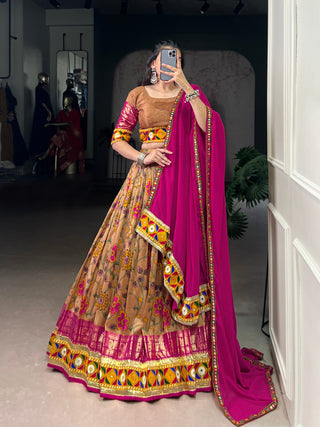 Lorenvalley Fashion Mustard Tasar Silk Print with Foil Work and Real Mirror Gamthi Work with Lace Touch Up Lehenga Choli with Dupatta