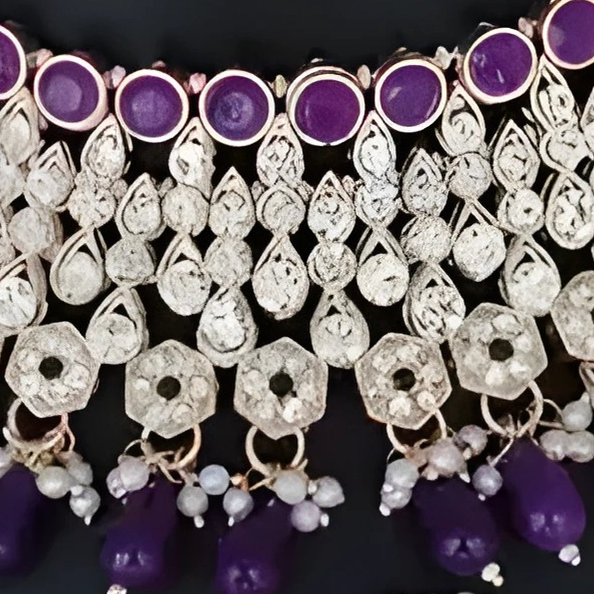 Jewel City Royal Purple Kundan & Pearl Bridal Jewelry Set-Luxury Choker Necklace Earrings & Maang Tikka-Ethnic Wedding & Party Wear